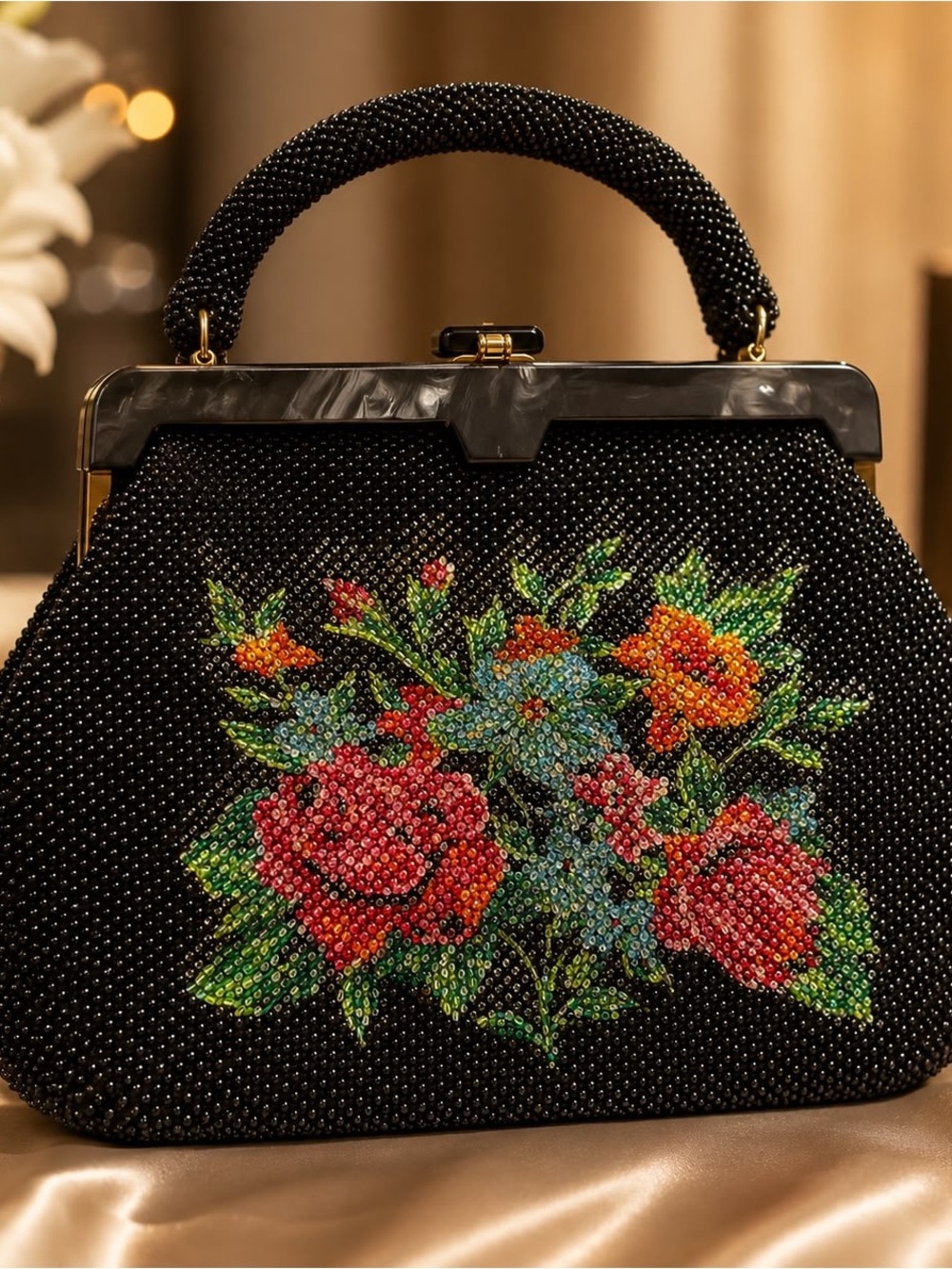Vintage Black Micro Beaded Handbag Floral Tapestry Marbled Frame Retro Purse⁠
